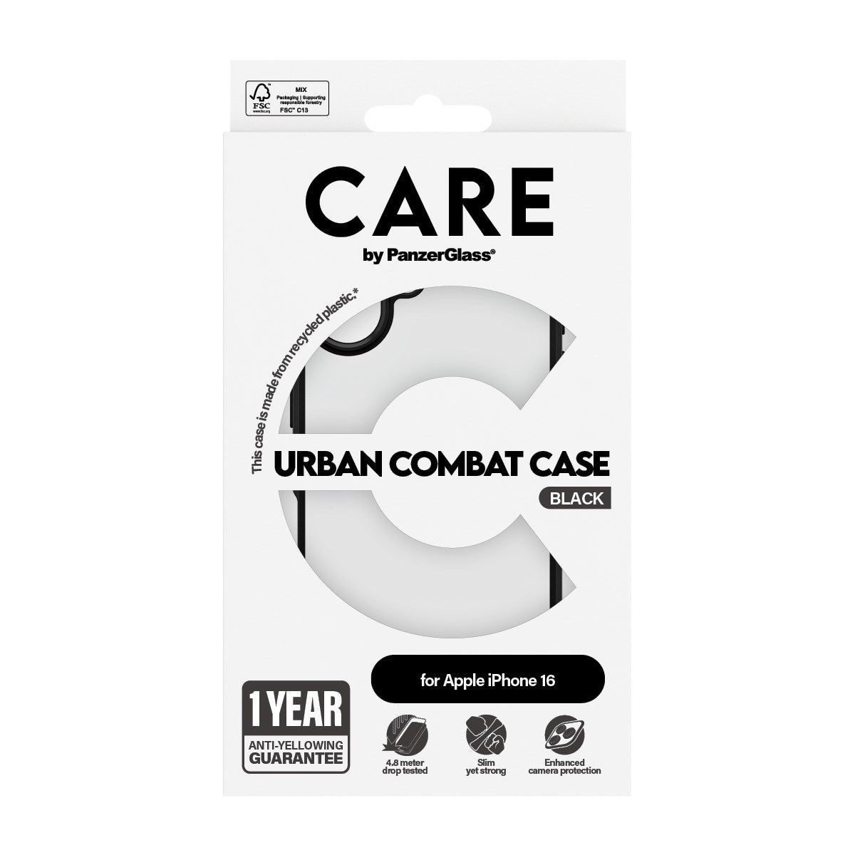 CARE by PanzerGlass® Urban Combat Case Transparent w. Black Frame iPhone 16